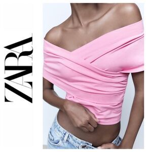 NWT Zara Pink Wrap Front V-Neck Open Exposed Shoulders Side Pleats Surplice Top